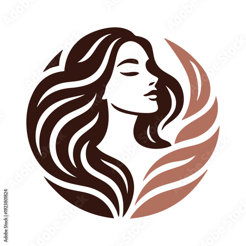 Logotipo de salón de belleza. Dibujo con silueta de cara de mujer de perfil con peinado con ondas y hojas de plantas o llamas, con forma de círculo 
