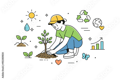 Eco and sustainability visuals. Person planting or caring for a small tree, surrounded by minimal eco symbols and growth indicators. Gentle narrative of