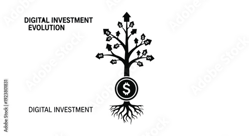 Digital investment evolution concept with growing tree and dollar sign