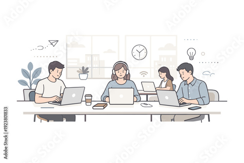 Quiet coworking space atmospheres. A calm editorial scene of a few people working silently at shared desks, laptops open, soft daylight coming through large