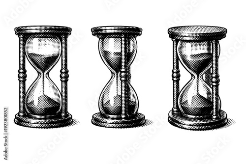 Tabletop game icon hourglass game timer shown as a single object from three different angles: front view, side view, and three-quarter view. Black and white