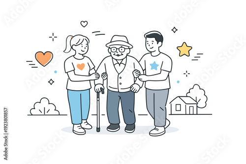 Senior-friendly safety walk. A gentle scene of volunteers assisting an elderly person during a neighborhood stroll, abstract floating icons of hearts, stars,