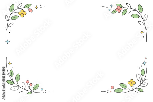 Minimal floral border. A thin botanical border with simple leaves and stems framing the edges of the canvas. The atmosphere is light, airy, and elegant.