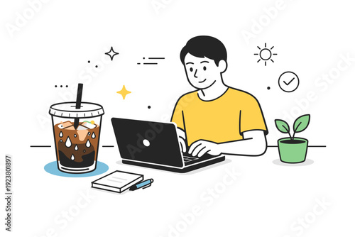 Morning work sessions with iced coffee. Individual typing calmly while condensation drops on a coffee cup catch the light. Peaceful productivity and