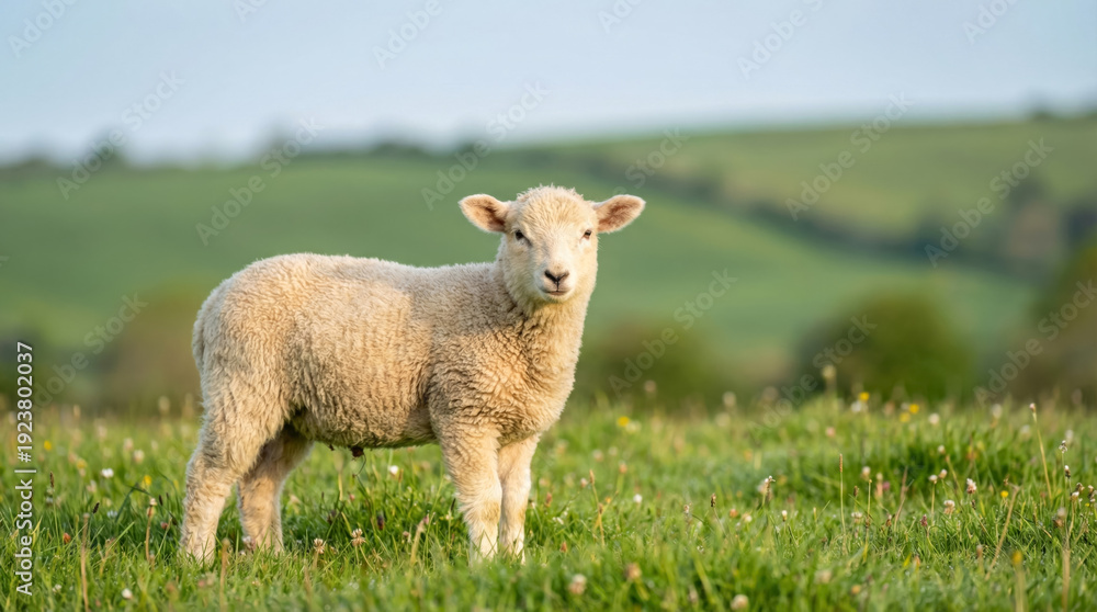 Obraz premium Cute lamb grazing in spring meadow with green hills in background