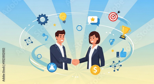 Business partnership handshake with target icons and social media symbols around two professionals in business attire on a sunny background