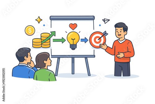 Investor pitch focused on funding and potential founder sharing a simple vision diagram with coins and arrows while investors observe