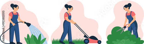 Gardening, woman, watering, lawn, mowing, trimming, plants, garden, maintenance, outdoor, landscaping, work, hobby, nature, care, yard, activity, vector, illustration, concept