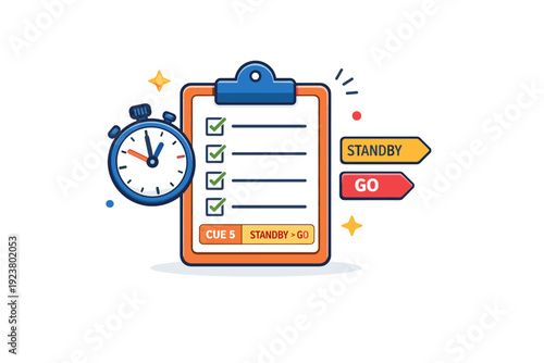 Stage manager?s clipboard organized with neatly checked boxes, a stopwatch and cue marks floating nearby, symbolizing perfect timing and