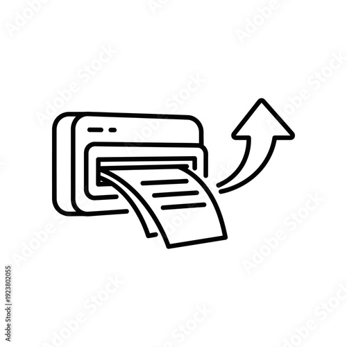 Simple black and white illustration of a printer ejecting a document with an upward arrow, symbolizing printing and output.