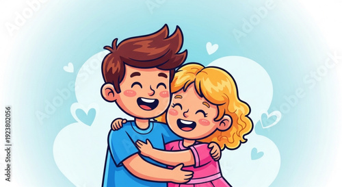 Happy cartoon boy and girl hugging with hearts background