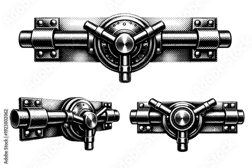Bank vault mechanical locking bar system. Black and white dot style with halftone texture and high contrast. Halftone texture with partial