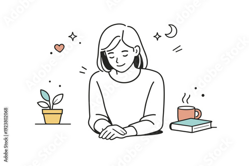 Natural unposed smiles. Someone seated with head slightly lowered, a small smile appearing naturally. The scene conveys quiet contentment and