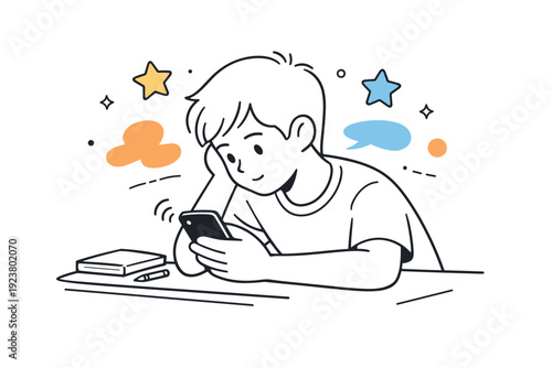 Teen smartphone fixation. A teenager leans on a desk, scrolling endlessly on a smartphone, with soft decorative stars and floating abstract shapes showing