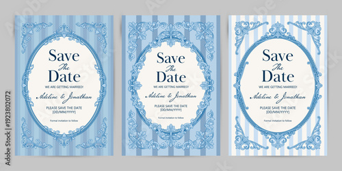 Vintage Ornate Oval Frames. Elegant Save the Date Wedding Cards or Invitations vector design template.
