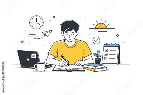 Summer afternoon focus challenges. Individual regaining concentration by taking notes and organizing tasks as sunlight fades. Gentle recovery