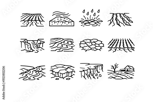 Soil Erosion. Line icon set of Soil Erosion: plowed field erosion, topsoil loss, rain splash erosion, furrow erosion, gully erosion, sheet
