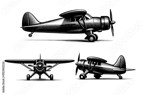 Airplane side profile vintage propeller aircraft. A classic single-engine propeller airplane with rounded fuselage and fixed landing gear