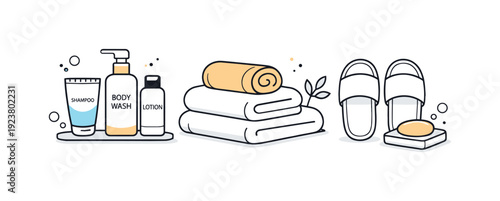 Clean bathroom essentials including toiletries, towels, slippers, and soap for hygiene