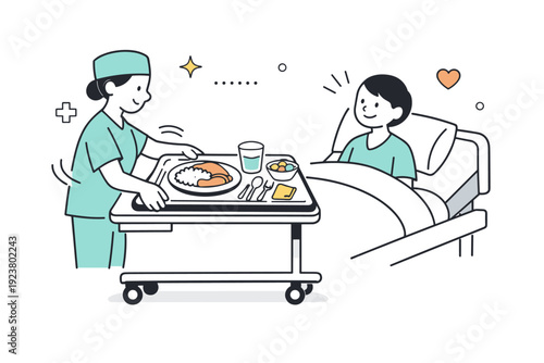 Hospital patient meal service. A food tray being delivered to a patient bed, simple dishes and utensils carefully placed. Quiet supportive