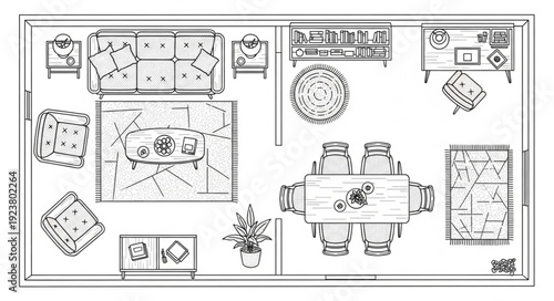 Detailed top-down view of a living and dining room layout with furniture.