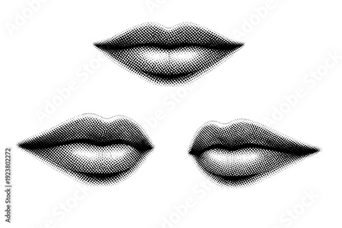 Halftone Lips Art. Lips halftone dots thin lips object depicted as one realistic human lips form displayed in three different views focusing on subtle edges