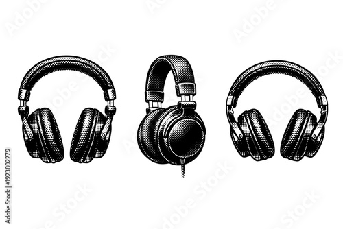 Classic headphones A classic headphone illustrated in three views emphasizing timeless silhouette, simple construction, and clearly defined