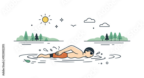 Man swimming freestyle in a lake surrounded by trees under a sunny sky