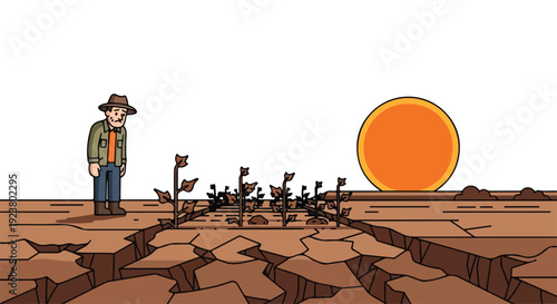 A cartoon farmer stands amidst a parched, cracked earth landscape with withered plants, facing a large orange sun, conveying a sense of global warming and heat wave.