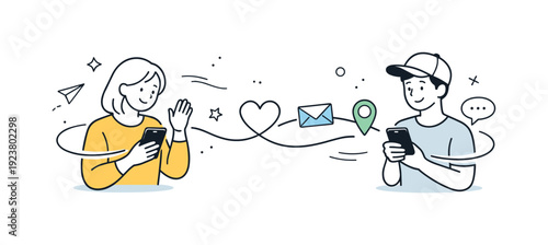 Young couple communicating through smartphones with digital icons representing connection and messages