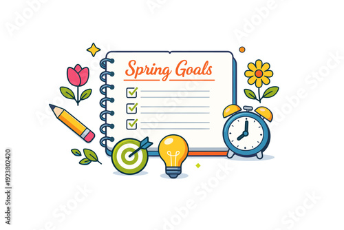 Spring goals notebook with simple icons and blooming accents, conveying planning, focus, and fresh motivation for the new season. Minimalist
