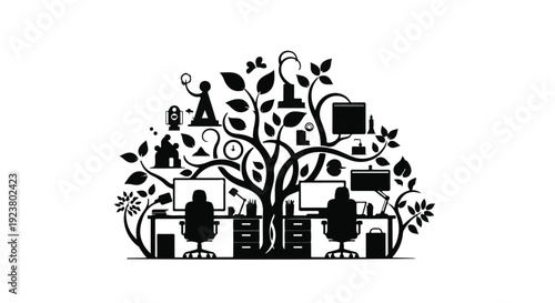 black and white illustration of office workspace with tree and various objects