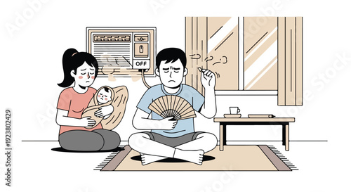 A cartoon illustration of a man fanning himself while sitting on the floor with a woman and a dog during a heat wave in a modern home with global warming effects.