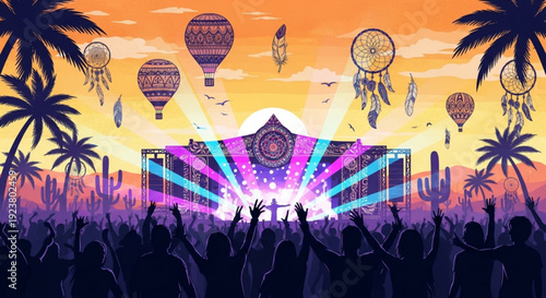 Vibrant music festival scene with dreamcatchers hot air balloons and palm trees at sunset crowd enjoying live concert