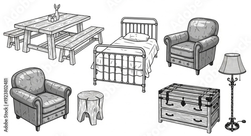 Collection of various furniture items, including a bed, chairs, and a table.