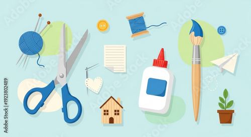 Colorful illustration of art and craft supplies on a light blue background with creative tools and materials