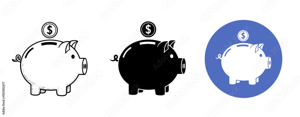 Fototapeta premium Piggy bank icons with dollar sign variations in black, white, and blue