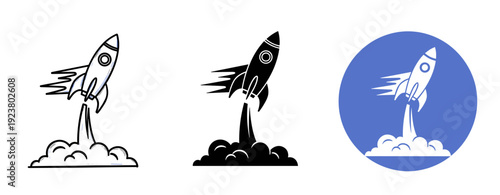 Rocket launch icons with smoke trails in black and white with blue circle variant