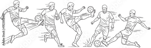 Dynamic line art shows a soccer player kicking a ball in various stages of action. Ideal for sports themes, illustrating motion, or creative design projects.