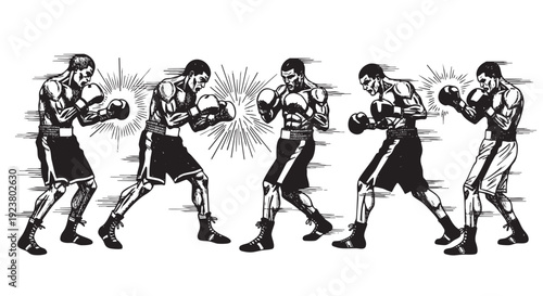 Five monochrome illustrations depict boxers punching in various positions with motion lines and starbursts, creating a dynamic and impactful composition ideal for sports or fitness themes.