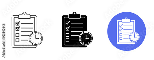 Checklist with clock icons set in outline, filled, and colored styles