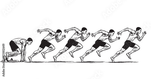 A black and white vector illustration shows a sprinter's progression from starting blocks to full sprint; good for sports, fitness, or determination concepts.