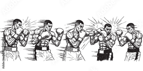 Gritty black and white illustration of muscular boxers punching, conveying action and impact. Ideal for sports, fitness, and strength concepts with a vintage, energetic feel.