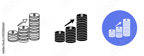 Stacked coins with growth arrows indicating financial progress