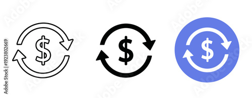 Set of three currency cycle icons with dollar signs and arrows
