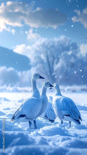 Three snow geese stand in snowy field, with soft, blurred winter scenery, cool blue and white tones