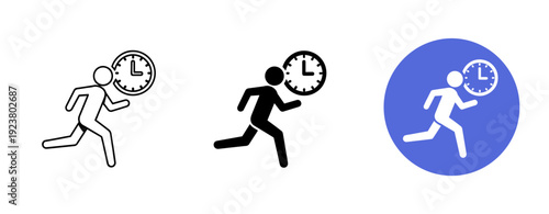 Time management icons trio: running figures with clocks in black and white