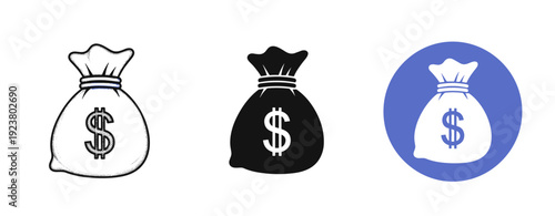 Money bag icons in black, white, and blue variations with dollar signs