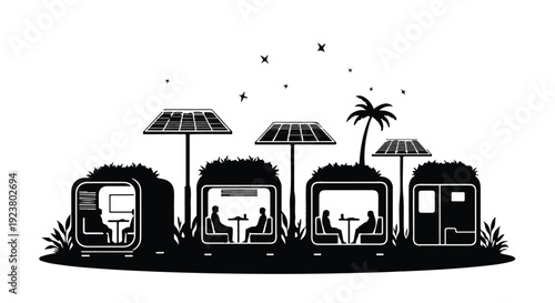 glamping tents with umbrellas and palm tree