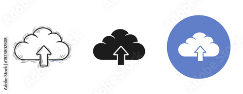 Cloud upload icons: sketch, solid, and colored variants on white background